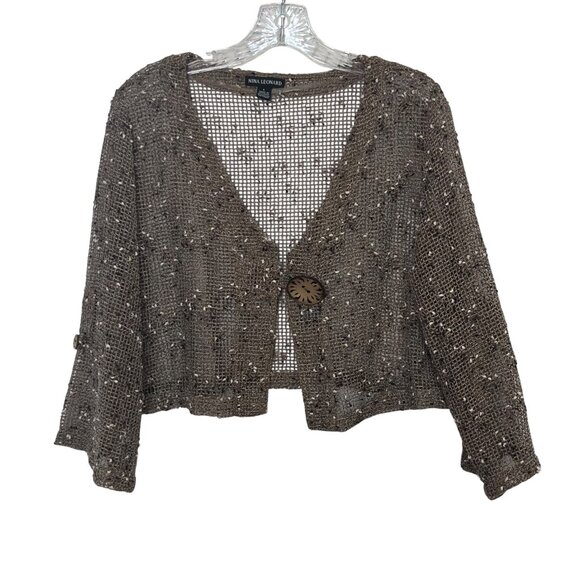 Nina Leonard Open Knit Bolero Cardigan Nina Leonard Large Brown Button Closure - Picture 2 of 11
